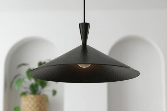 Handmade Moroccan Brass Cone Pendant Light – Matte Black Hammered Brass Hanging Lamp, Modern Minimalist Ceiling Light for Kitchen Island, Dining Room, Bedroom, Entryway & Living Room