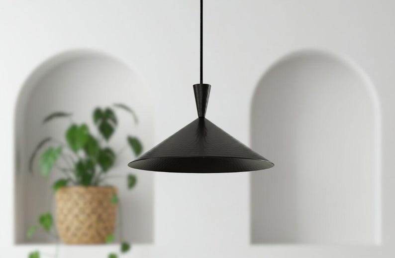 Handmade Moroccan Brass Cone Pendant Light – Matte Black Hammered Brass Hanging Lamp, Modern Minimalist Ceiling Light for Kitchen Island, Dining Room, Bedroom, Entryway & Living Room