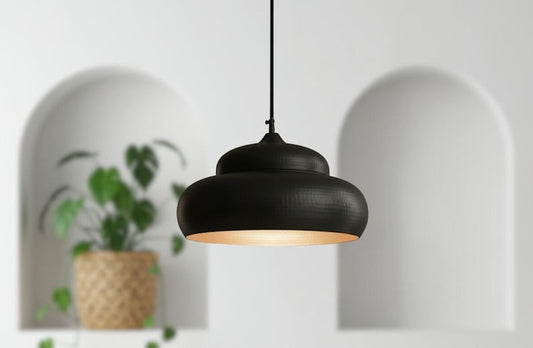 Handmade Moroccan Brass Pendant Light – Matte Black Tiered Dome Hanging Lamp with Warm Gold Interior, Modern Boho Ceiling Light for Kitchen Island, Dining Room, Bedroom & Living Room