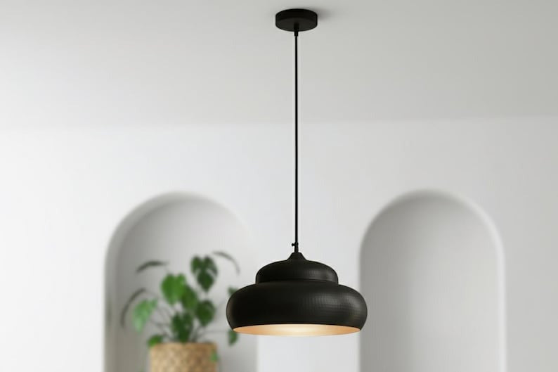Handmade Moroccan Brass Pendant Light – Matte Black Tiered Dome Hanging Lamp with Warm Gold Interior, Modern Boho Ceiling Light for Kitchen Island, Dining Room, Bedroom & Living Room