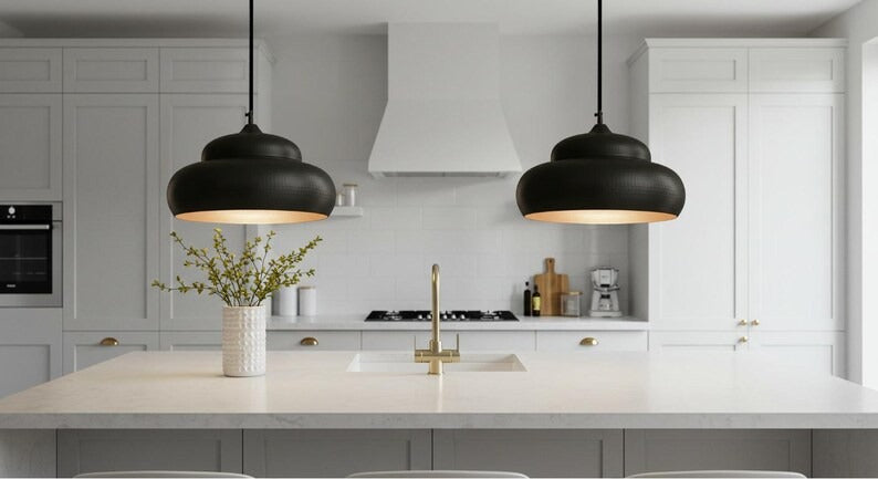 Handmade Moroccan Brass Pendant Light – Matte Black Tiered Dome Hanging Lamp with Warm Gold Interior, Modern Boho Ceiling Light for Kitchen Island, Dining Room, Bedroom & Living Room