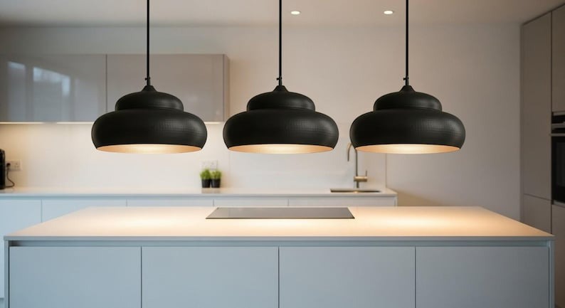 Handmade Moroccan Brass Pendant Light – Matte Black Tiered Dome Hanging Lamp with Warm Gold Interior, Modern Boho Ceiling Light for Kitchen Island, Dining Room, Bedroom & Living Room