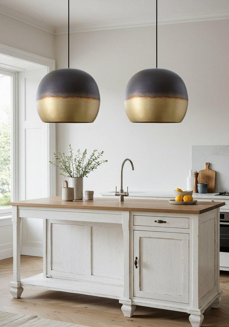 Two-Tone Brass Dome Pendant Light – Matte Black and Gold Modern Kitchen Island Chandelier