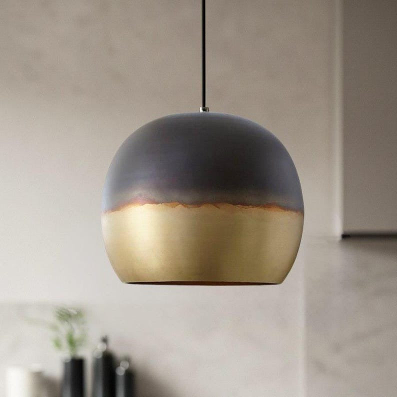 Two-Tone Brass Dome Pendant Light – Matte Black and Gold Modern Kitchen Island Chandelier
