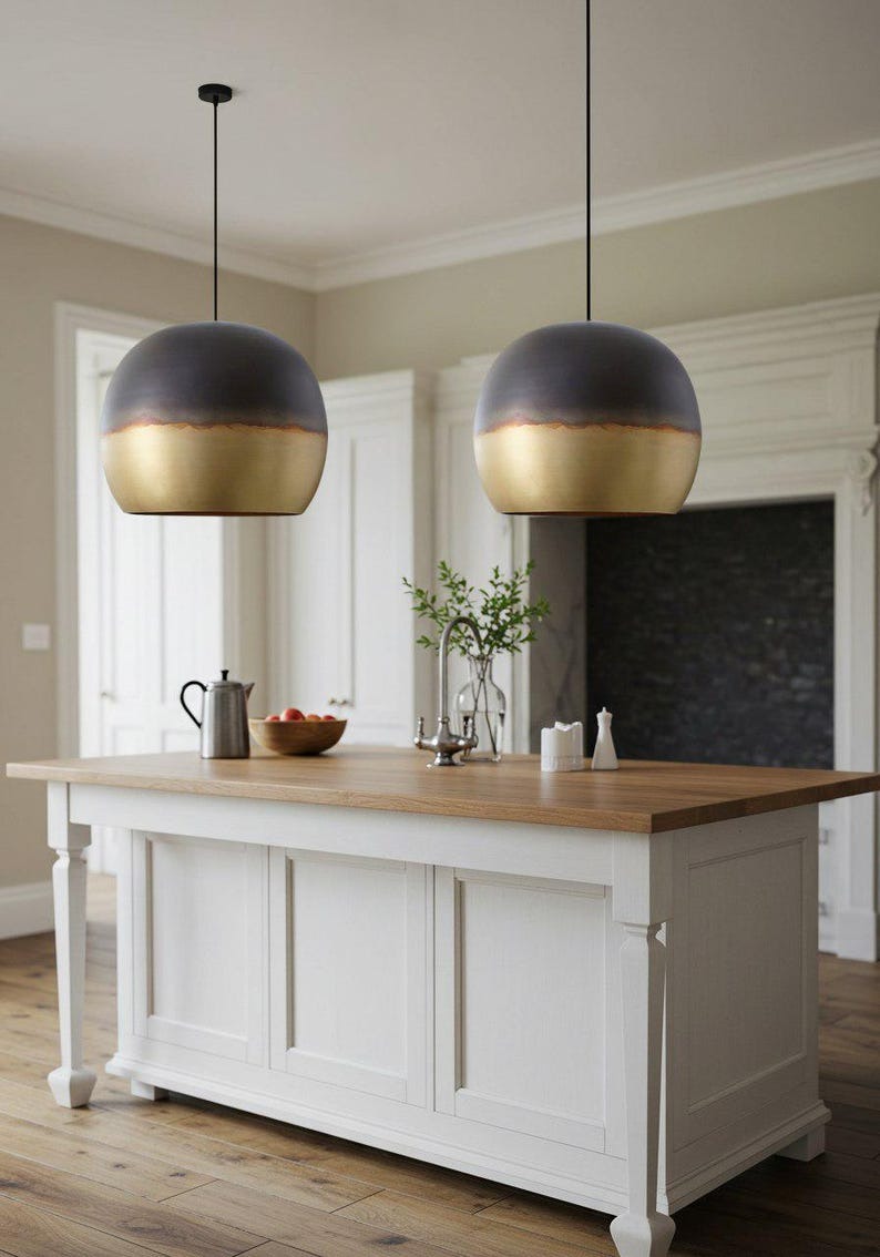 Two-Tone Brass Dome Pendant Light – Matte Black and Gold Modern Kitchen Island Chandelier