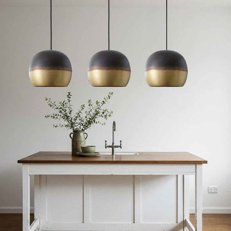 Two-Tone Brass Dome Pendant Light – Matte Black and Gold Modern Kitchen Island Chandelier