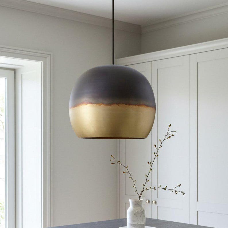 Two-Tone Brass Dome Pendant Light – Matte Black and Gold Modern Kitchen Island Chandelier