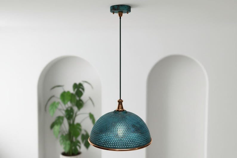 Handmade Moroccan Brass Dome Pendant Light – Perforated Blue Verdigris Patina Hanging Lamp with Antique Copper Trim, Boho Mediterranean Ceiling Light for Kitchen Island, Dining Room, Bedroom & Entryway