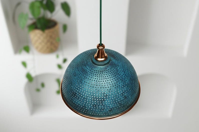 Handmade Moroccan Brass Dome Pendant Light – Perforated Blue Verdigris Patina Hanging Lamp with Antique Copper Trim, Boho Mediterranean Ceiling Light for Kitchen Island, Dining Room, Bedroom & Entryway