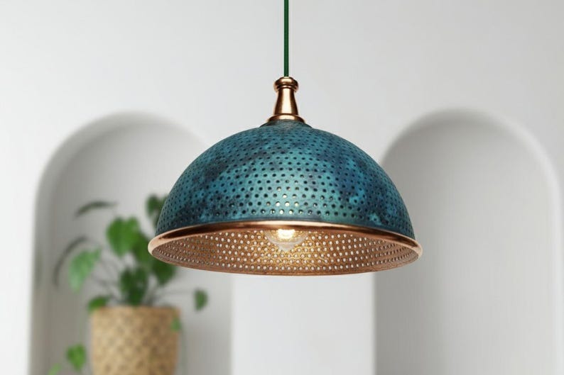 Handmade Moroccan Brass Dome Pendant Light – Perforated Blue Verdigris Patina Hanging Lamp with Antique Copper Trim, Boho Mediterranean Ceiling Light for Kitchen Island, Dining Room, Bedroom & Entryway
