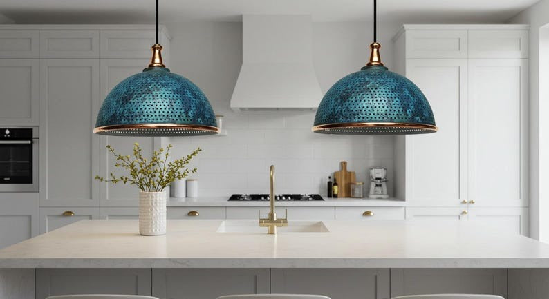 Handmade Moroccan Brass Dome Pendant Light – Perforated Blue Verdigris Patina Hanging Lamp with Antique Copper Trim, Boho Mediterranean Ceiling Light for Kitchen Island, Dining Room, Bedroom & Entryway