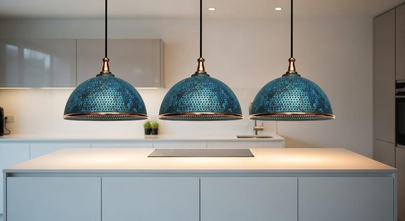 Handmade Moroccan Brass Dome Pendant Light – Perforated Blue Verdigris Patina Hanging Lamp with Antique Copper Trim, Boho Mediterranean Ceiling Light for Kitchen Island, Dining Room, Bedroom & Entryway