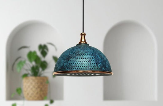 Handmade Moroccan Brass Dome Pendant Light – Perforated Blue Verdigris Patina Hanging Lamp with Antique Copper Trim, Boho Mediterranean Ceiling Light for Kitchen Island, Dining Room, Bedroom & Entryway