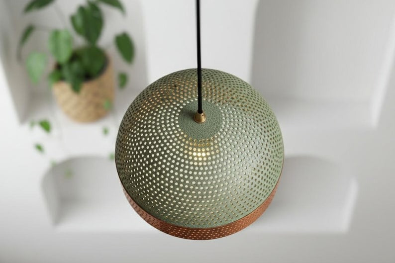 Handmade Moroccan Brass Dome Pendant Light – Perforated Green Patina and Copper Brass Hanging Lamp, Boho Mediterranean Ceiling Light for Kitchen Island, Dining Room, Bedroom & Entryway