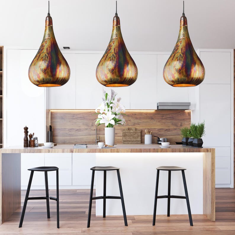 Handmade Multicolor Patina Brass Pendant Light – Large Teardrop Moroccan Hanging Lamp with Artistic Copper Finish for Kitchen Island, Dining Room, Bedroom and Entryway