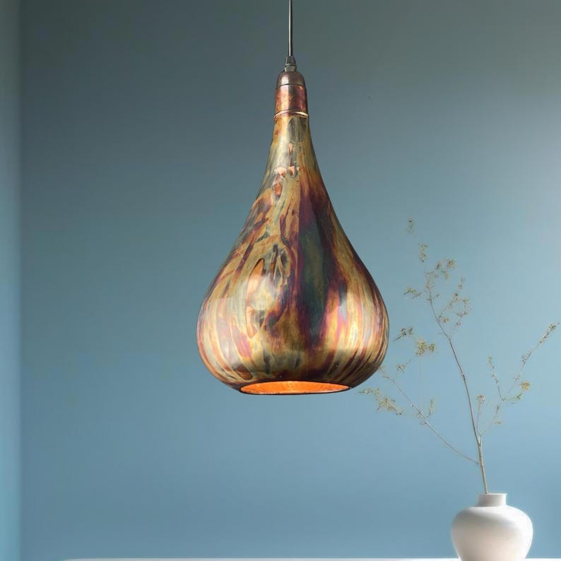 Handmade Multicolor Patina Brass Pendant Light – Large Teardrop Moroccan Hanging Lamp with Artistic Copper Finish for Kitchen Island, Dining Room, Bedroom and Entryway