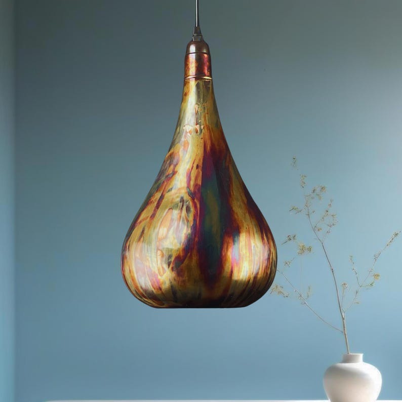 Handmade Multicolor Patina Brass Pendant Light – Large Teardrop Moroccan Hanging Lamp with Artistic Copper Finish for Kitchen Island, Dining Room, Bedroom and Entryway