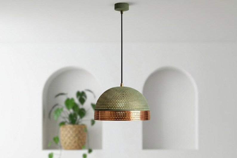 Handmade Moroccan Brass Dome Pendant Light – Perforated Green Patina and Copper Brass Hanging Lamp, Boho Mediterranean Ceiling Light for Kitchen Island, Dining Room, Bedroom & Entryway