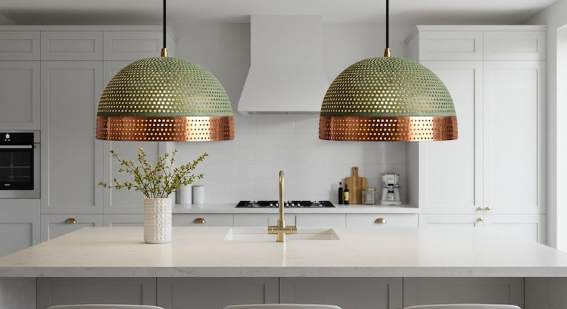 Handmade Moroccan Brass Dome Pendant Light – Perforated Green Patina and Copper Brass Hanging Lamp, Boho Mediterranean Ceiling Light for Kitchen Island, Dining Room, Bedroom & Entryway