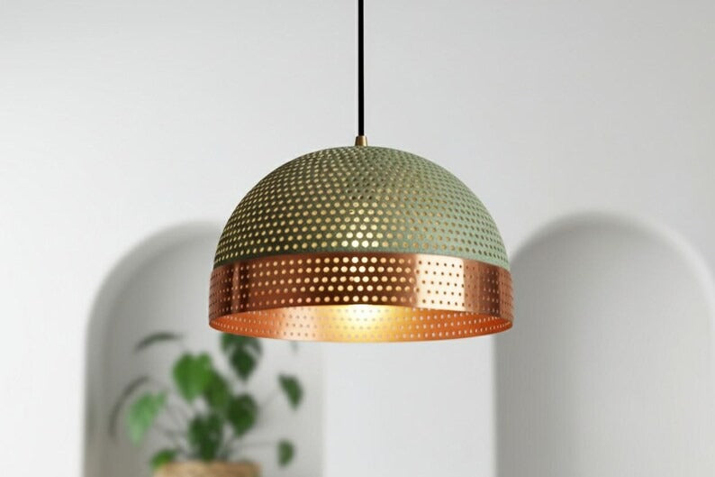 Handmade Moroccan Brass Dome Pendant Light – Perforated Green Patina and Copper Brass Hanging Lamp, Boho Mediterranean Ceiling Light for Kitchen Island, Dining Room, Bedroom & Entryway