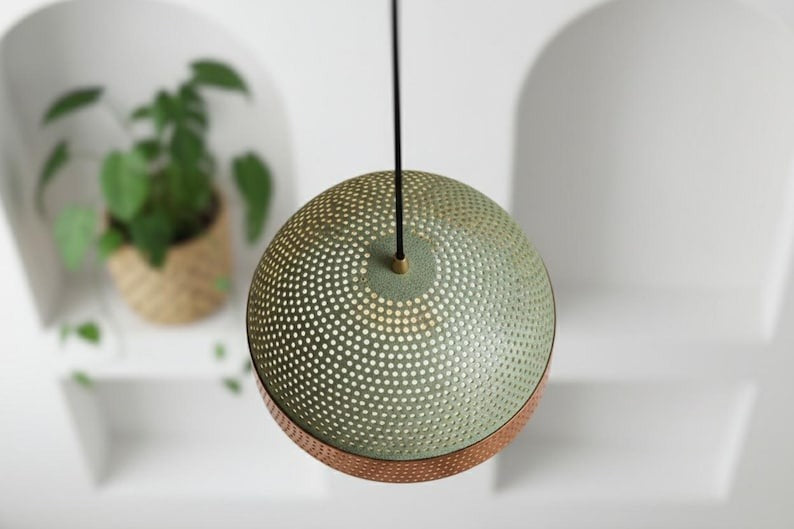 Handmade Moroccan Brass Dome Pendant Light – Perforated Green Patina and Copper Brass Hanging Lamp, Boho Mediterranean Ceiling Light for Kitchen Island, Dining Room, Bedroom & Entryway