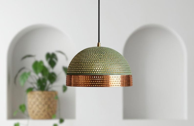 Handmade Moroccan Brass Dome Pendant Light – Perforated Green Patina and Copper Brass Hanging Lamp, Boho Mediterranean Ceiling Light for Kitchen Island, Dining Room, Bedroom & Entryway