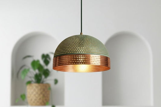 Handmade Moroccan Brass Dome Pendant Light – Perforated Green Patina and Copper Brass Hanging Lamp, Boho Mediterranean Ceiling Light for Kitchen Island, Dining Room, Bedroom & Entryway