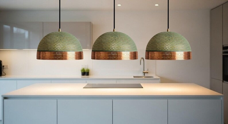 Handmade Moroccan Brass Dome Pendant Light – Perforated Green Patina and Copper Brass Hanging Lamp, Boho Mediterranean Ceiling Light for Kitchen Island, Dining Room, Bedroom & Entryway