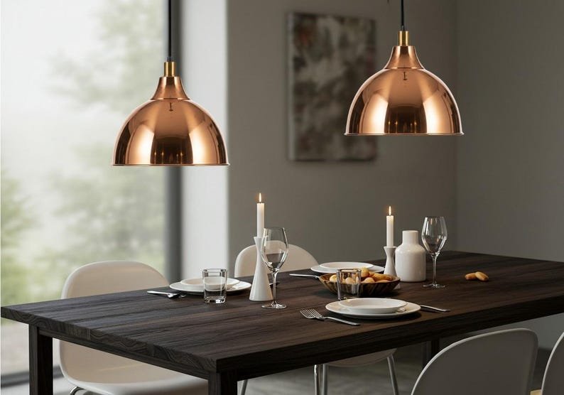 Polished Copper Dome Pendant Light, Handmade Moroccan Copper Kitchen Island Chandelier, Rose Copper Hanging Lamp, Modern Rustic Farmhouse Ceiling Light Fixture