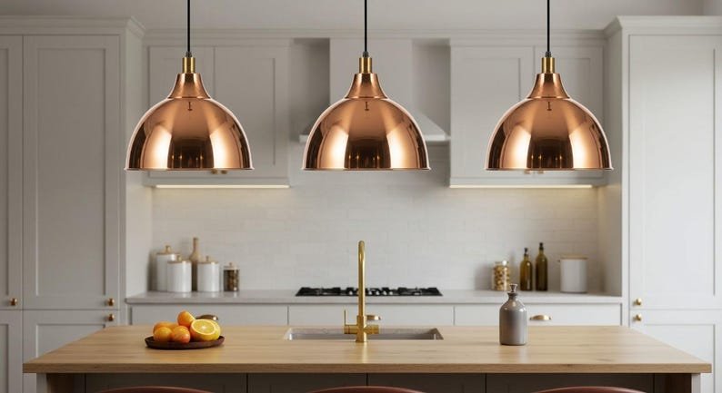 Polished Copper Dome Pendant Light, Handmade Moroccan Copper Kitchen Island Chandelier, Rose Copper Hanging Lamp, Modern Rustic Farmhouse Ceiling Light Fixture