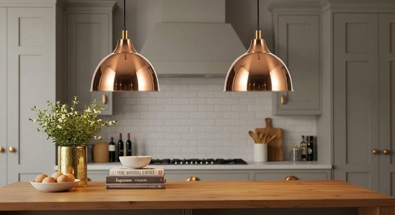 Polished Copper Dome Pendant Light, Handmade Moroccan Copper Kitchen Island Chandelier, Rose Copper Hanging Lamp, Modern Rustic Farmhouse Ceiling Light Fixture