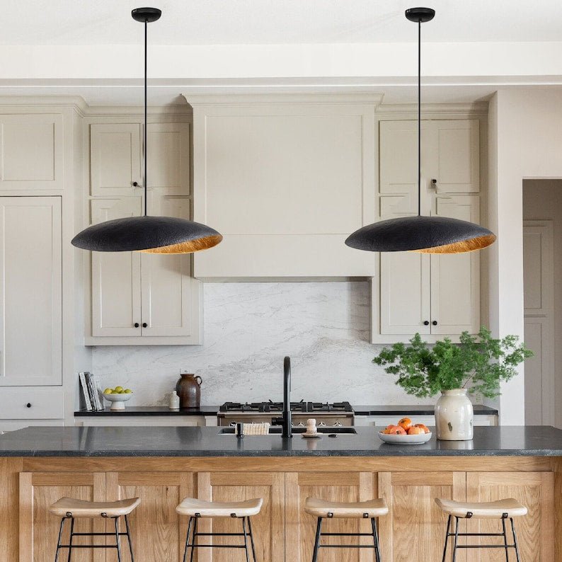Black Saucer Pendant Light, Handmade Moroccan Brass and Black Hanging Lamp, Minimalist Oval Kitchen Island Chandelier, Modern Rustic Boho Ceiling Light Fixture