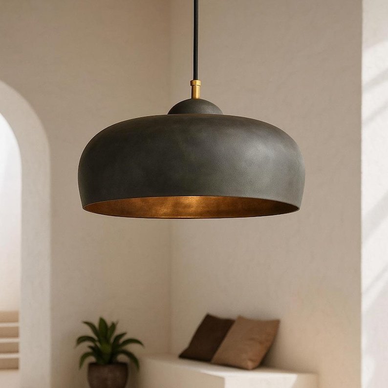 Charcoal Black Brass Saucer Pendant Light, Handmade Moroccan Wide Dome Chandelier, Modern Rustic Kitchen Island Hanging Lamp, Bronze Interior Boho Farmhouse Ceiling Light Fixture