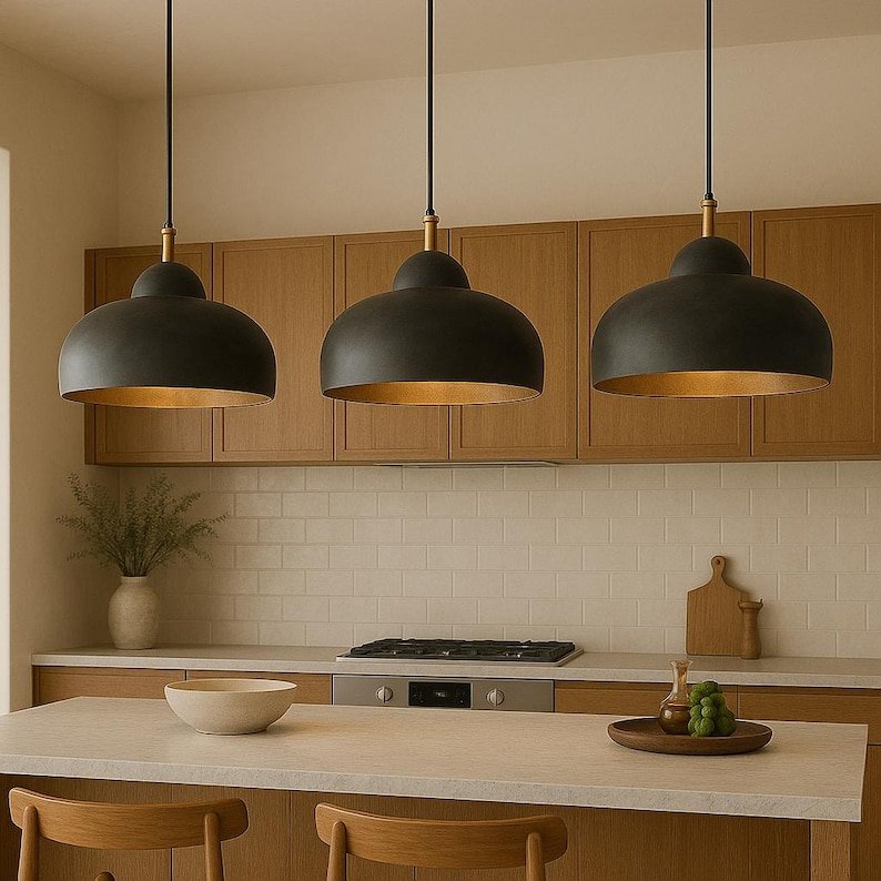 Charcoal Black Brass Saucer Pendant Light, Handmade Moroccan Wide Dome Chandelier, Modern Rustic Kitchen Island Hanging Lamp, Bronze Interior Boho Farmhouse Ceiling Light Fixture