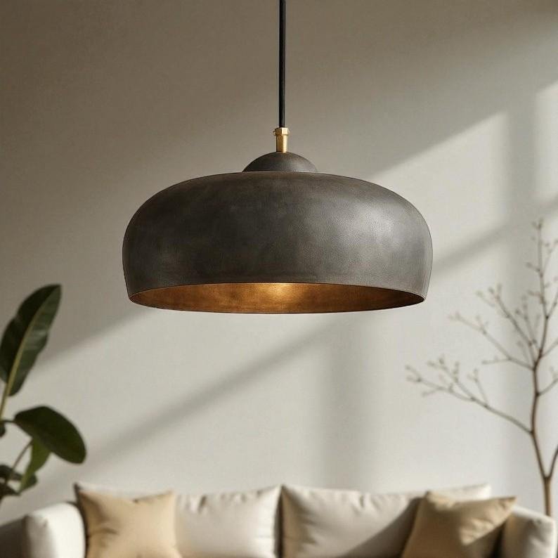 Charcoal Black Brass Saucer Pendant Light, Handmade Moroccan Wide Dome Chandelier, Modern Rustic Kitchen Island Hanging Lamp, Bronze Interior Boho Farmhouse Ceiling Light Fixture