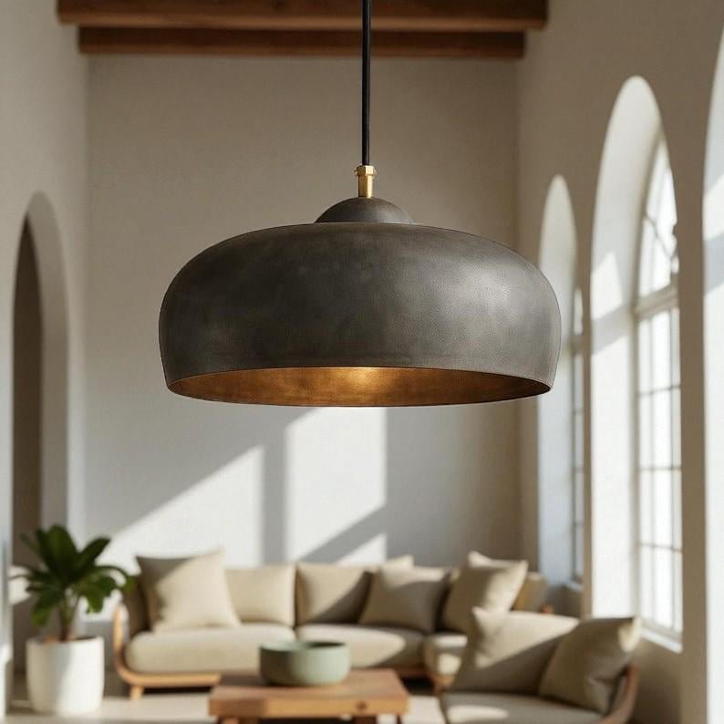 Charcoal Black Brass Saucer Pendant Light, Handmade Moroccan Wide Dome Chandelier, Modern Rustic Kitchen Island Hanging Lamp, Bronze Interior Boho Farmhouse Ceiling Light Fixture