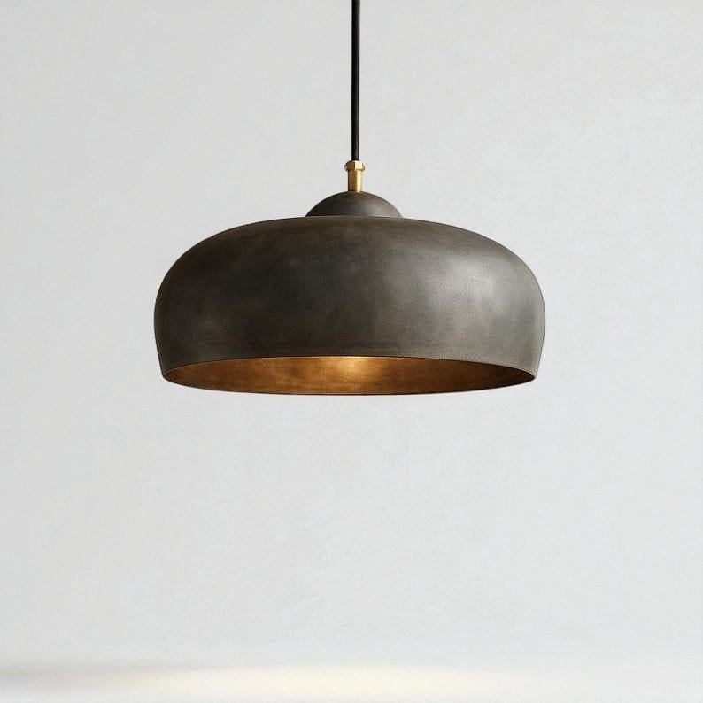 Charcoal Black Brass Saucer Pendant Light, Handmade Moroccan Wide Dome Chandelier, Modern Rustic Kitchen Island Hanging Lamp, Bronze Interior Boho Farmhouse Ceiling Light Fixture