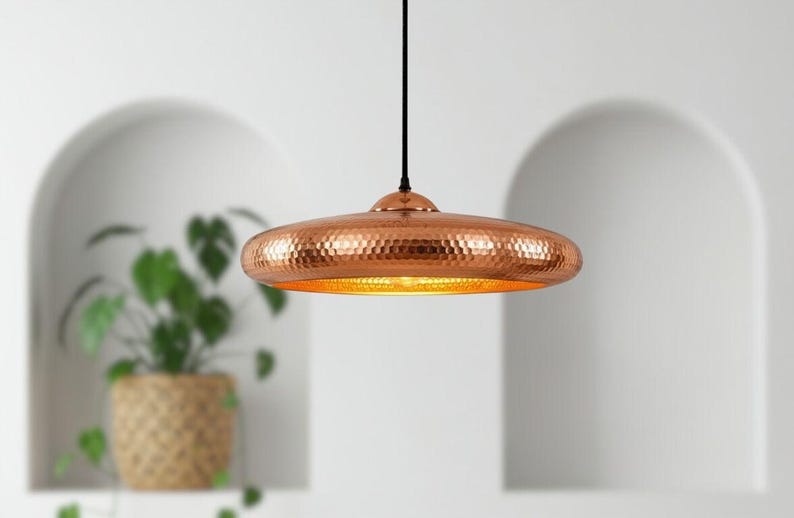 Handmade Moroccan Brass Disc Pendant Light – Hammered Copper Brass Saucer Hanging Lamp with Exposed Bulb, Modern Boho Ceiling Light for Kitchen Island, Dining Room & Living Room