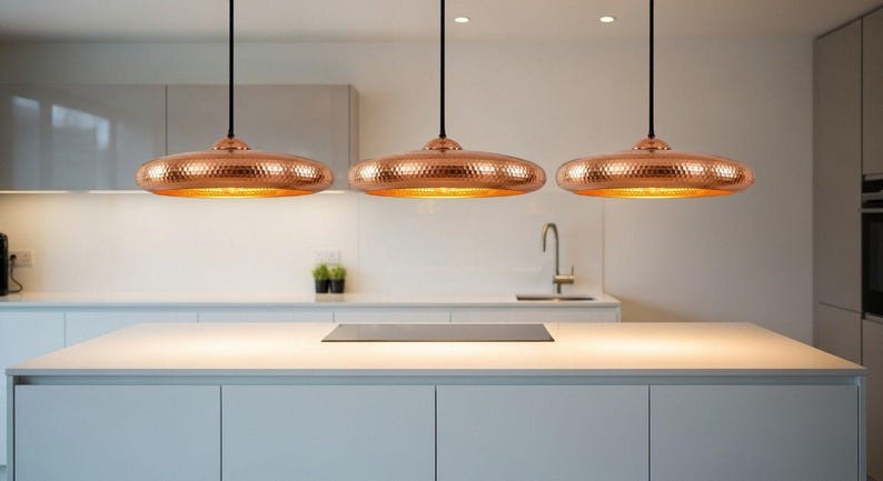 Handmade Moroccan Brass Disc Pendant Light – Hammered Copper Brass Saucer Hanging Lamp with Exposed Bulb, Modern Boho Ceiling Light for Kitchen Island, Dining Room & Living Room