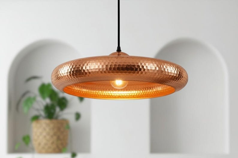 Handmade Moroccan Brass Disc Pendant Light – Hammered Copper Brass Saucer Hanging Lamp with Exposed Bulb, Modern Boho Ceiling Light for Kitchen Island, Dining Room & Living Room
