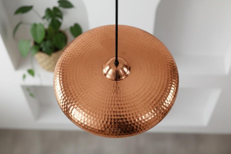 Handmade Moroccan Brass Disc Pendant Light – Hammered Copper Brass Saucer Hanging Lamp with Exposed Bulb, Modern Boho Ceiling Light for Kitchen Island, Dining Room & Living Room