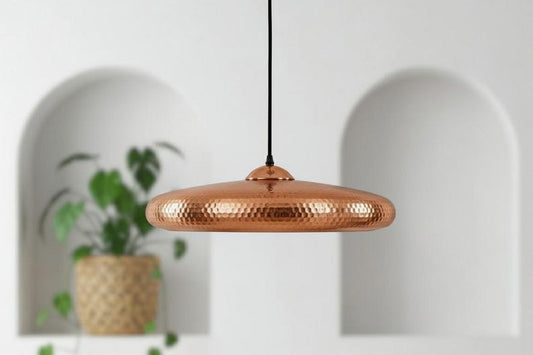 Handmade Moroccan Brass Disc Pendant Light – Hammered Copper Brass Saucer Hanging Lamp with Exposed Bulb, Modern Boho Ceiling Light for Kitchen Island, Dining Room & Living Room