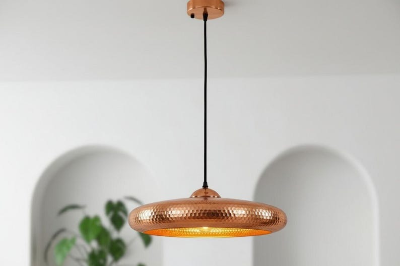 Handmade Moroccan Brass Disc Pendant Light – Hammered Copper Brass Saucer Hanging Lamp with Exposed Bulb, Modern Boho Ceiling Light for Kitchen Island, Dining Room & Living Room
