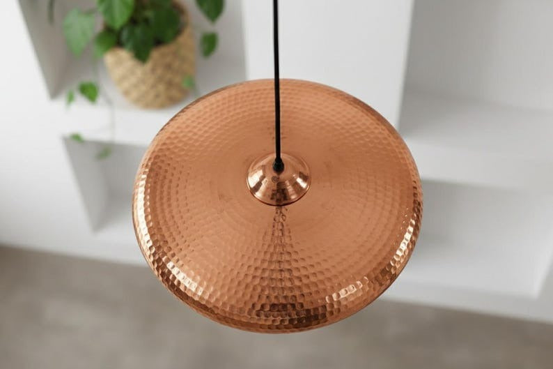Handmade Moroccan Brass Disc Pendant Light – Hammered Copper Brass Saucer Hanging Lamp with Exposed Bulb, Modern Boho Ceiling Light for Kitchen Island, Dining Room & Living Room