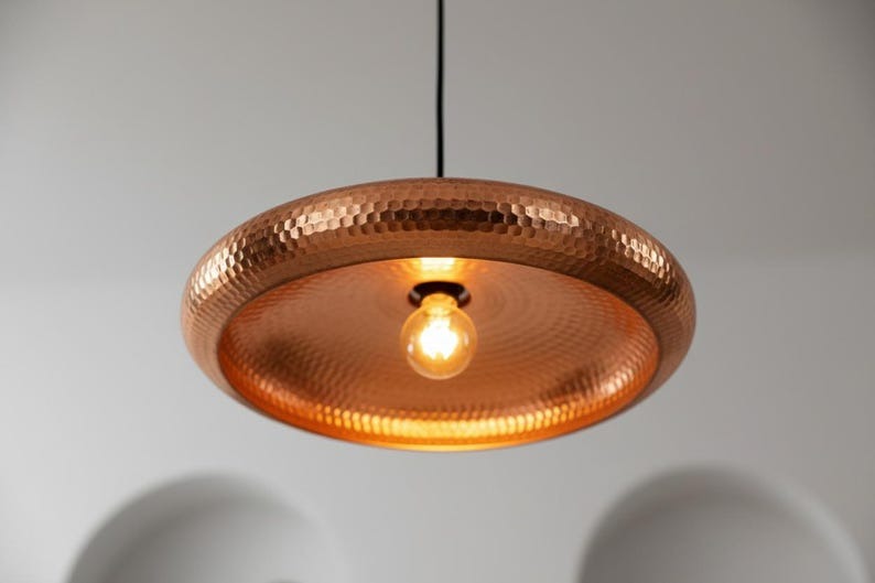 Handmade Moroccan Brass Disc Pendant Light – Hammered Copper Brass Saucer Hanging Lamp with Exposed Bulb, Modern Boho Ceiling Light for Kitchen Island, Dining Room & Living Room