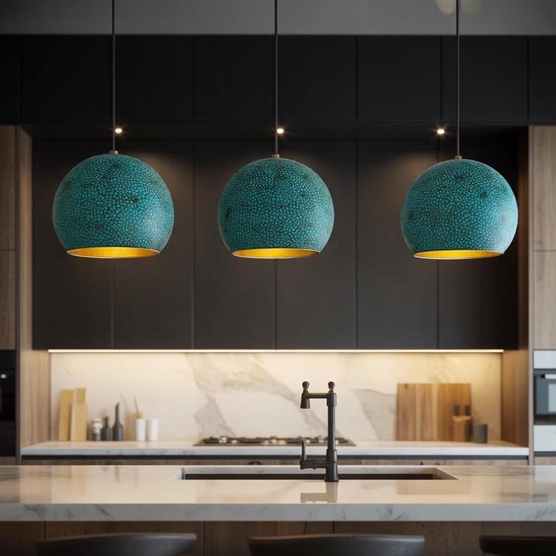 Handmade Moroccan Brass Globe Pendant Light – Turquoise Blue Verdigris Patina Hanging Lamp with Textured Artisan Finish, Large Boho Ceiling Light for Kitchen Island, Dining Room & Living Room