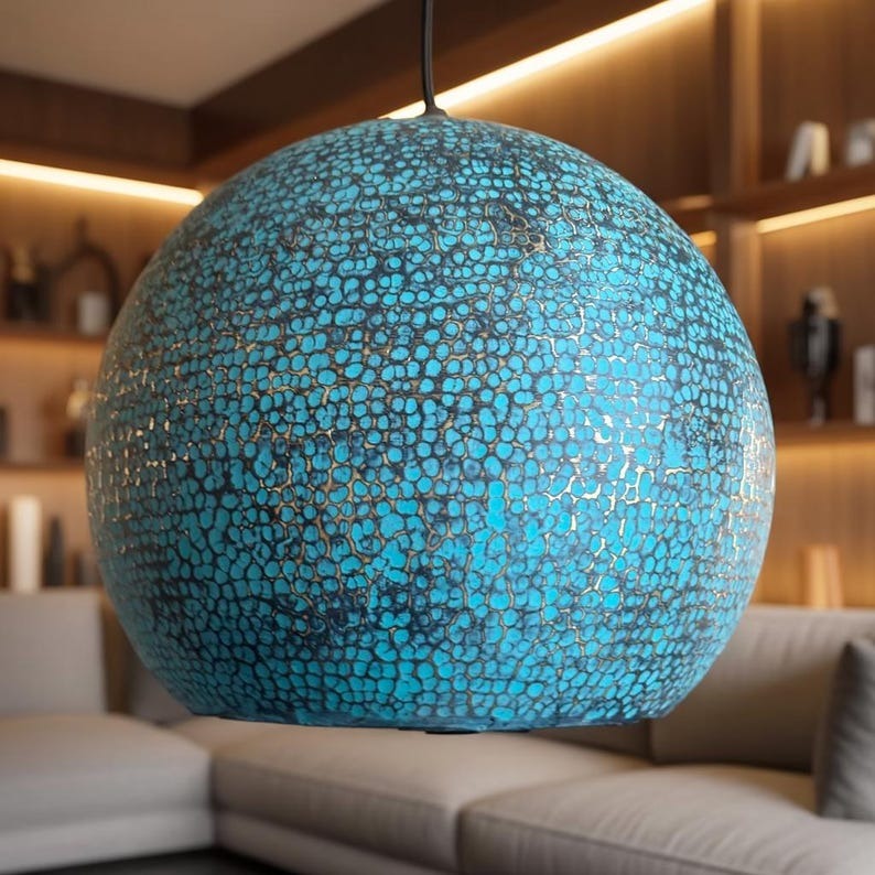 Handmade Moroccan Brass Globe Pendant Light – Turquoise Blue Verdigris Patina Hanging Lamp with Textured Artisan Finish, Large Boho Ceiling Light for Kitchen Island, Dining Room & Living Room