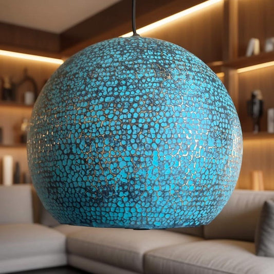 Handmade Moroccan Brass Globe Pendant Light – Turquoise Blue Verdigris Patina Hanging Lamp with Textured Artisan Finish, Large Boho Ceiling Light for Kitchen Island, Dining Room & Living Room