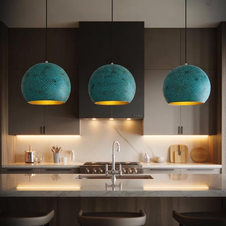 Handmade Moroccan Brass Globe Pendant Light – Turquoise Blue Verdigris Patina Hanging Lamp with Textured Artisan Finish, Large Boho Ceiling Light for Kitchen Island, Dining Room & Living Room