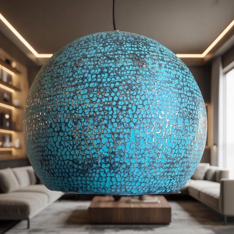 Handmade Moroccan Brass Globe Pendant Light – Turquoise Blue Verdigris Patina Hanging Lamp with Textured Artisan Finish, Large Boho Ceiling Light for Kitchen Island, Dining Room & Living Room